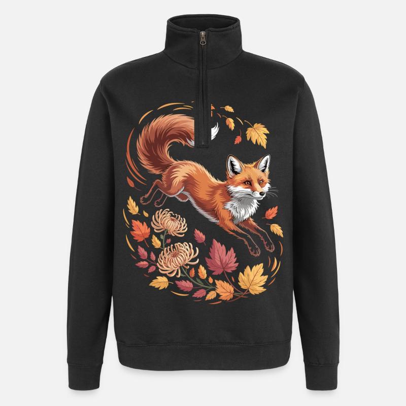 Fuchs mit Herbstblättern - Quarter-Zip-Sweatshirt - Schwarz