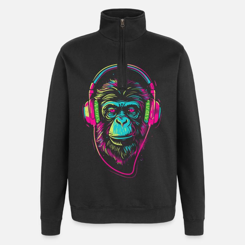 Neonaffe mit Kopfhörer - Quarter-Zip-Sweatshirt - Schwarz