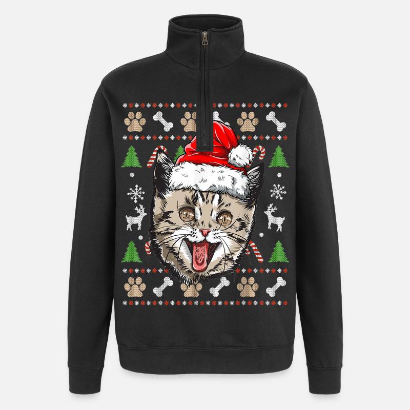 Hässlicher Weihnachtspullover Niedliche Katze Glückliche Geschenkidee - Quarter-Zip-Sweatshirt - Schwarz