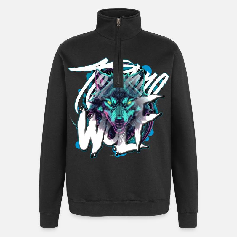 Neon Techno Wolf Head–Rave Wolf - Quarter-Zip Sweatshirt - black
