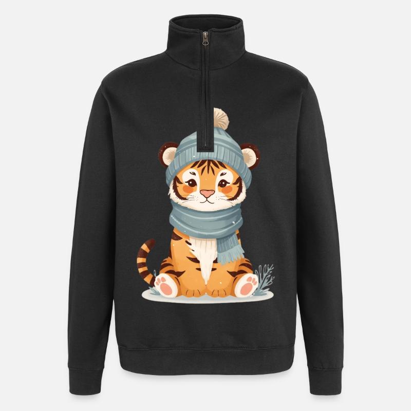 Tigre d’hiver avec casquette - Sweat à zip 1/4 - noir