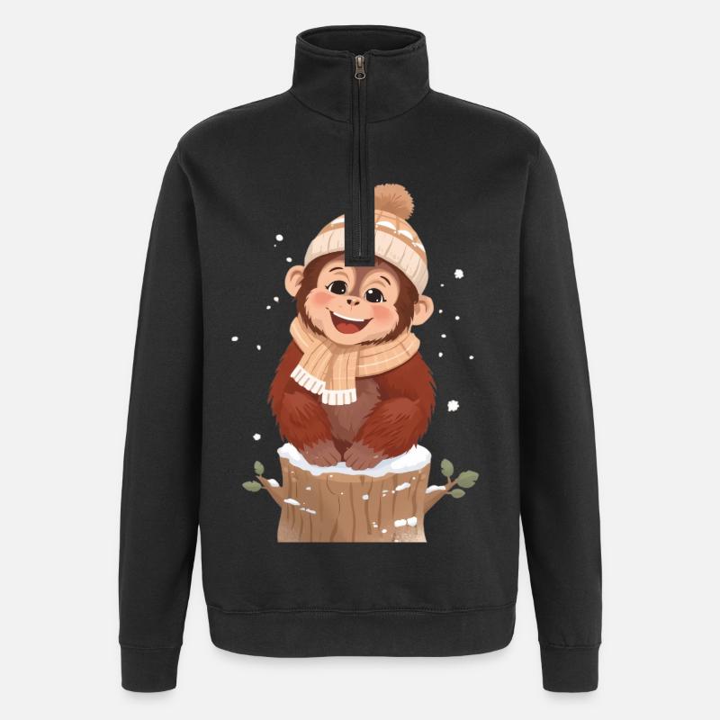 Winter monkey on tree stump - Quarter-Zip Sweatshirt - black