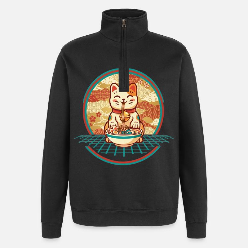 Maneki Neko Ramen Glücksbringer Katze - Quarter-Zip-Sweatshirt - Schwarz