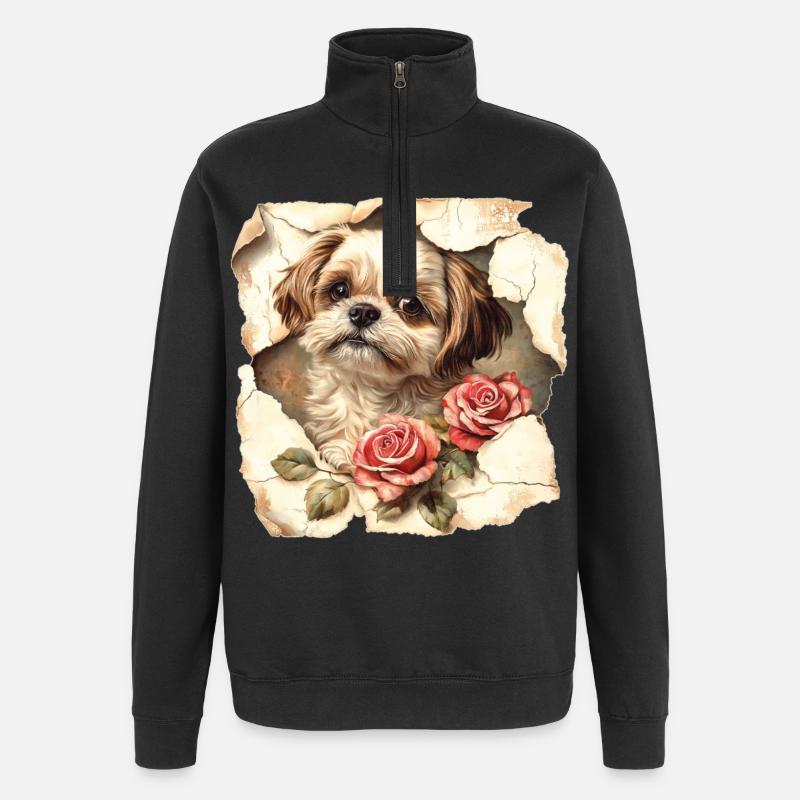 Shih Tzu Blumen - Quarter-Zip-Sweatshirt - Schwarz