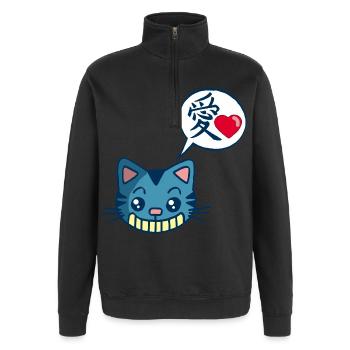 Kawaii Manga-Katze - Quarter-Zip-Sweatshirt - Schwarz - Vorne - AI Model Female 172 light (172cm) & AI Model Male 178 dark (178cm)