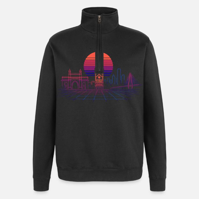 Neon Synthwave City Skyline - Mumbai - Quarter-Zip Sweatshirt - black
