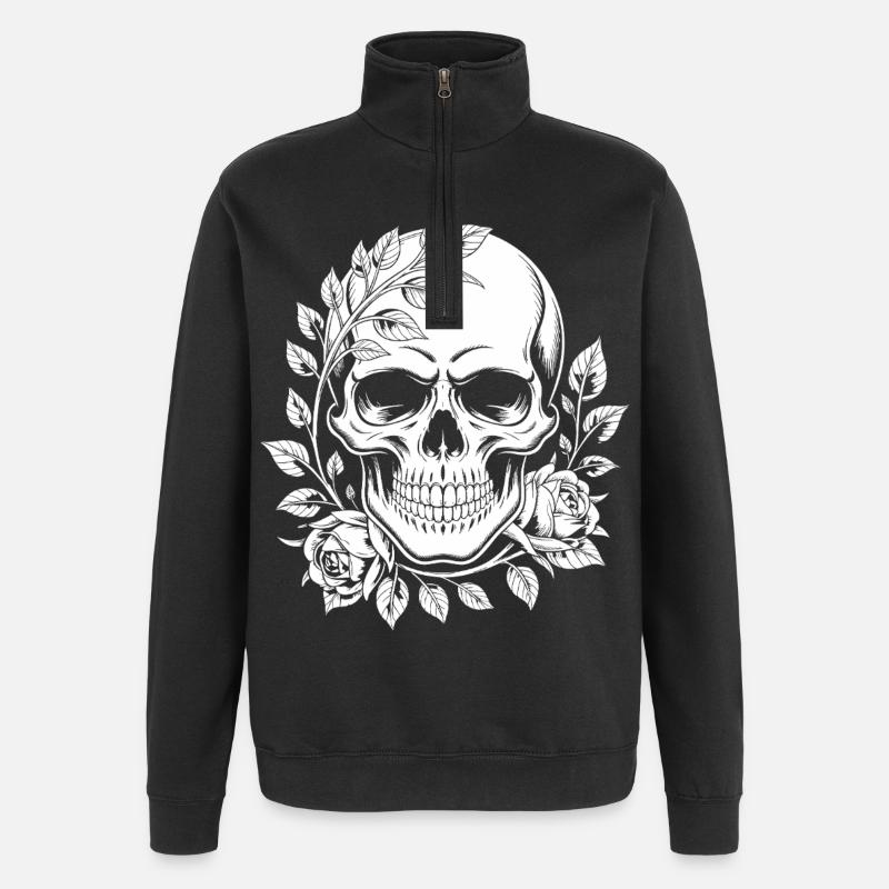 Crâne avec couronne de fleurs - Sweat à zip 1/4 - noir