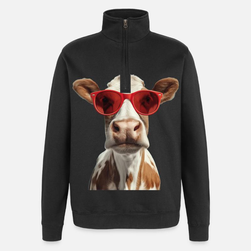 Kuh mit Sonnenbrille - Quarter-Zip-Sweatshirt - Schwarz