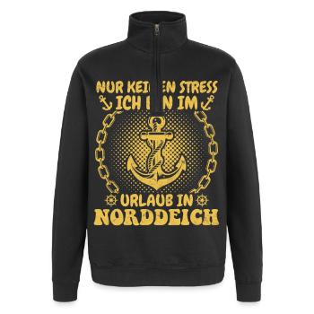 North Sea holiday JUST DON'T STRESS I'M ON HOLIDAY - Quarter-Zip Sweatshirt - black - Front - AI Model Female 172 light (172cm) & AI Model Male 178 dark (178cm)