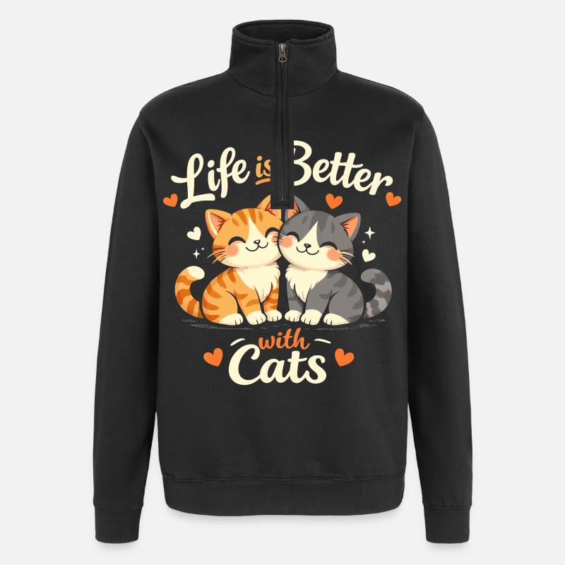 Leben Besser Mit Katzen - Quarter-Zip-Sweatshirt - Schwarz