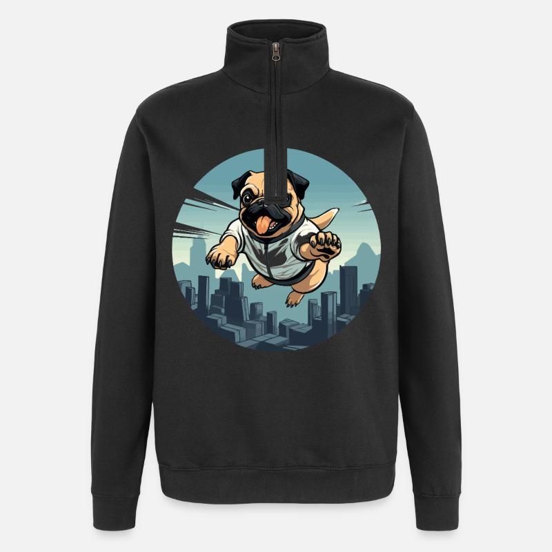 Pug im Sprung über Skyline - Quarter-Zip-Sweatshirt - Schwarz
