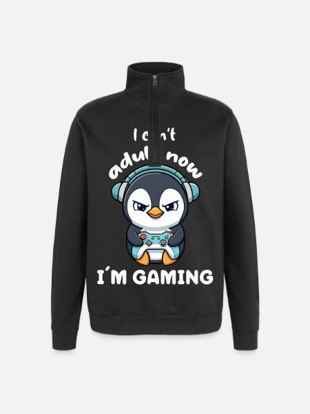 I cant Adult now I'm Gaming funny Gamer Penguin - Quarter-Zip Sweatshirt - black