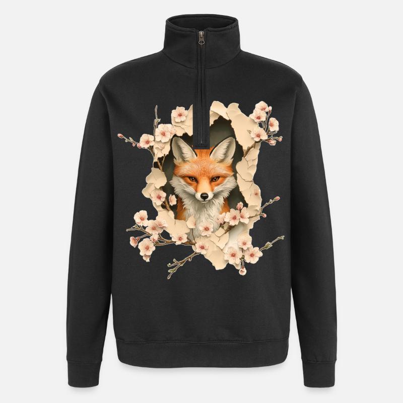 Fuchs mit Kirschblüten - Quarter-Zip-Sweatshirt - Schwarz