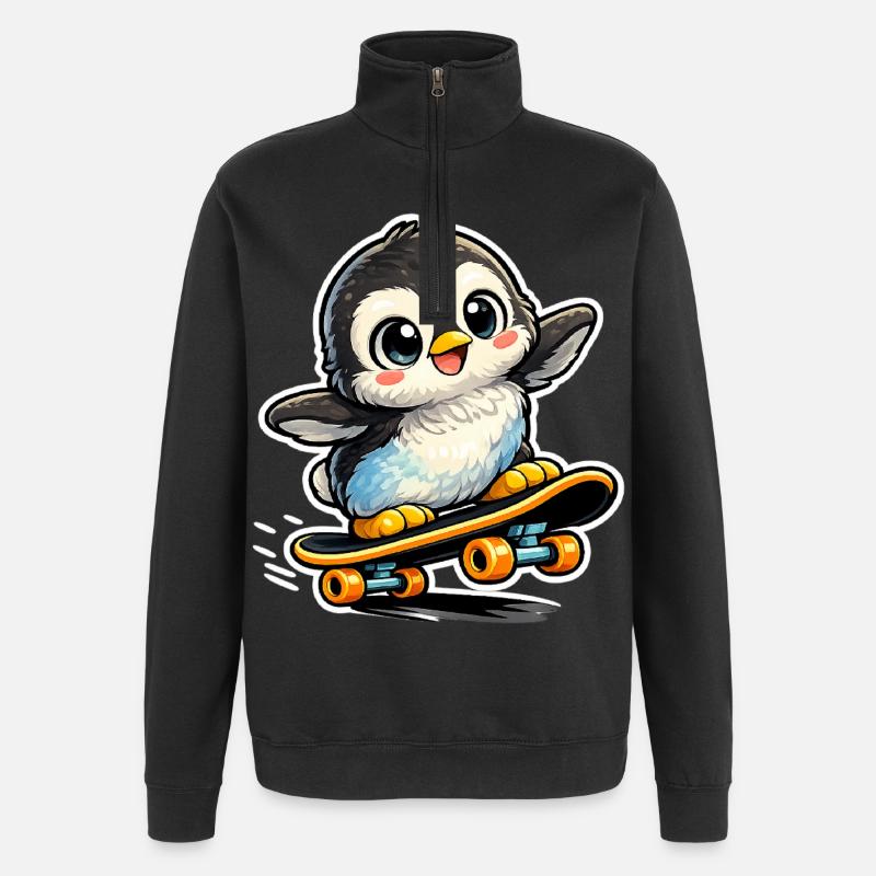 Kawaii penguin on skateboard - Quarter-Zip Sweatshirt - black