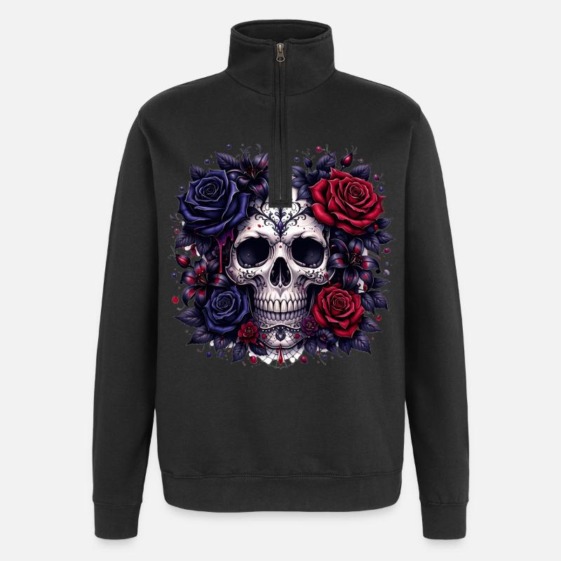 Gothic skull with roses - Quarter-Zip Sweatshirt - black