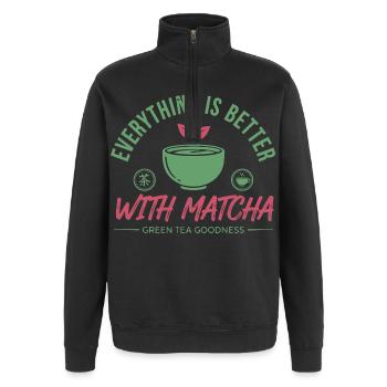 Everything Is Better With Matcha Green Tea - Quarter-Zip-Sweatshirt - Schwarz - Vorne - AI Model Female 172 light (172cm) & AI Model Male 178 dark (178cm)