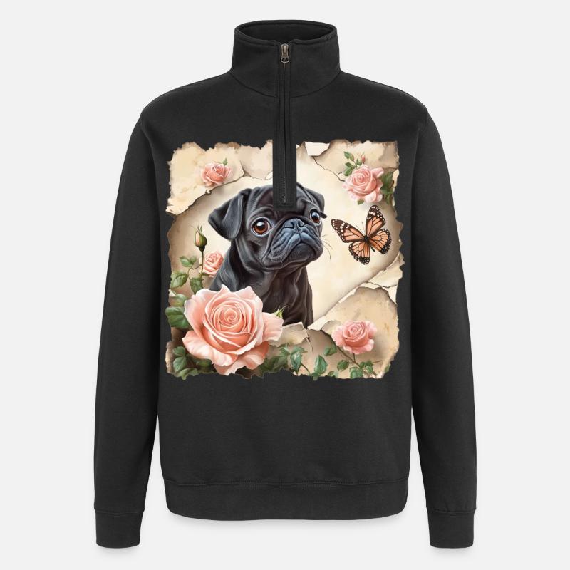 Schwarzer Mops mit Schmetterling - Quarter-Zip-Sweatshirt - Schwarz