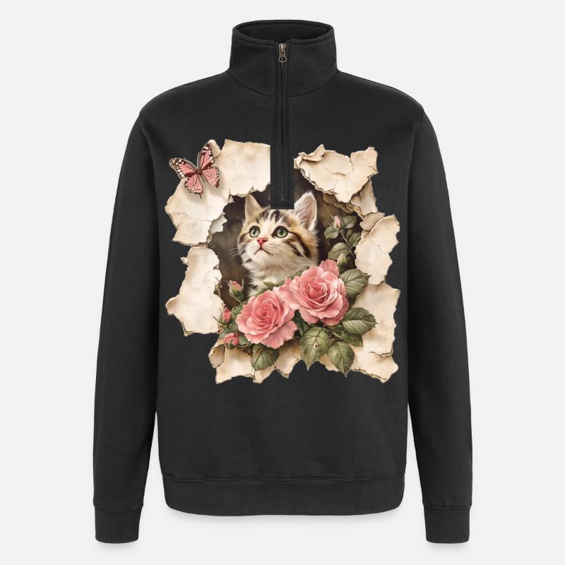 Chat au papillon - Sweat à zip 1/4 - noir