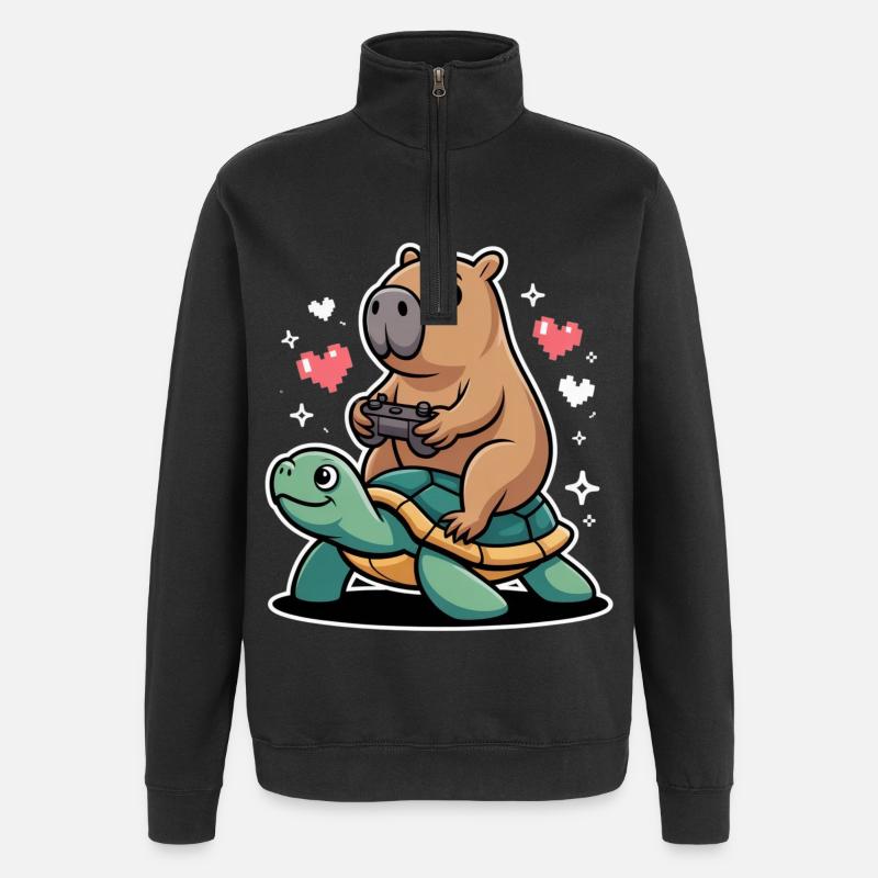 Gamer duo capybara on turtle - Quarter-Zip Sweatshirt - black