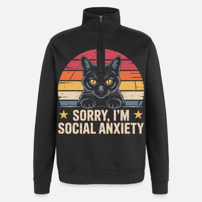 Anxiété sociale du chat noir rétro - Sweat à zip 1/4 - noir