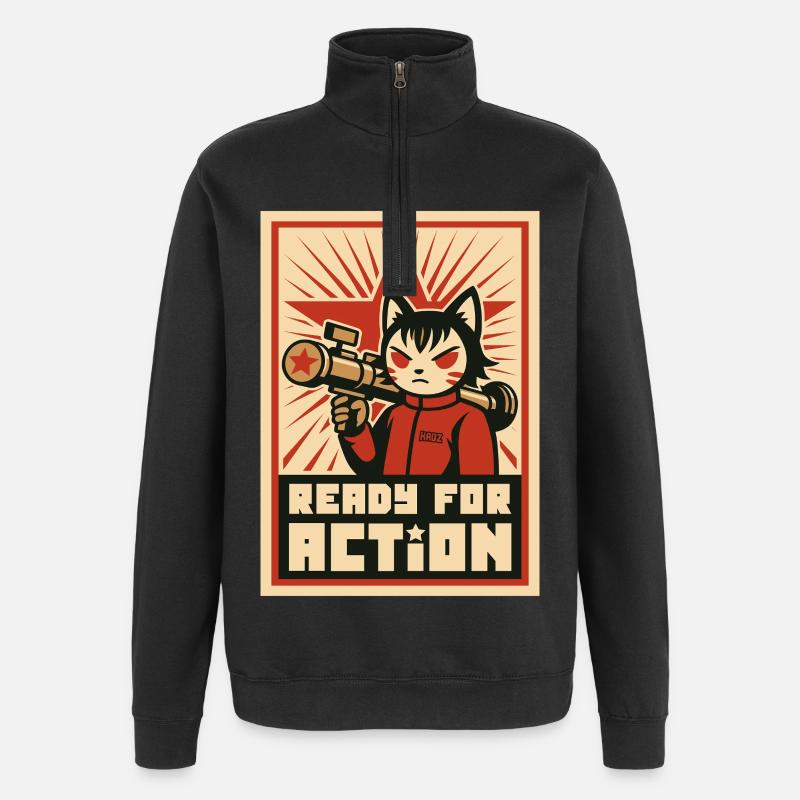 Retro Cat Commando : Prêt pour l'action - Sweat à zip 1/4 - noir
