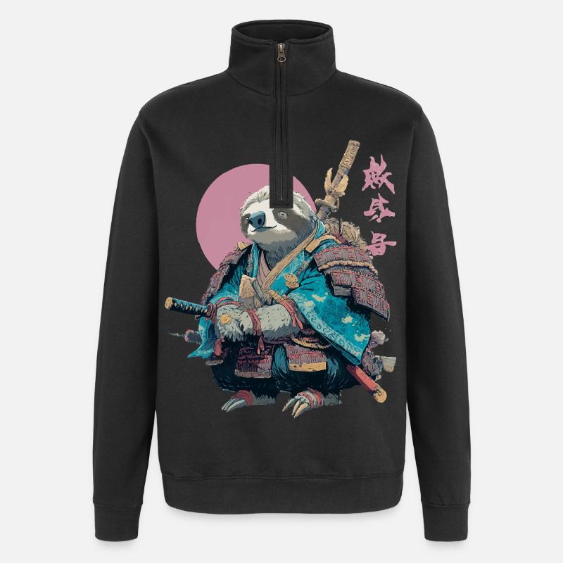 Faultier-Samurai in blauer Rüstung - Quarter-Zip-Sweatshirt - Schwarz