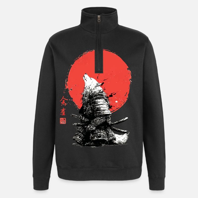 Wolf-Samurai unter Crimson Sun - Quarter-Zip-Sweatshirt - Schwarz