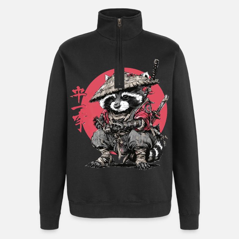 Raccoon Samurai in Red Circle - Quarter-Zip Sweatshirt - black