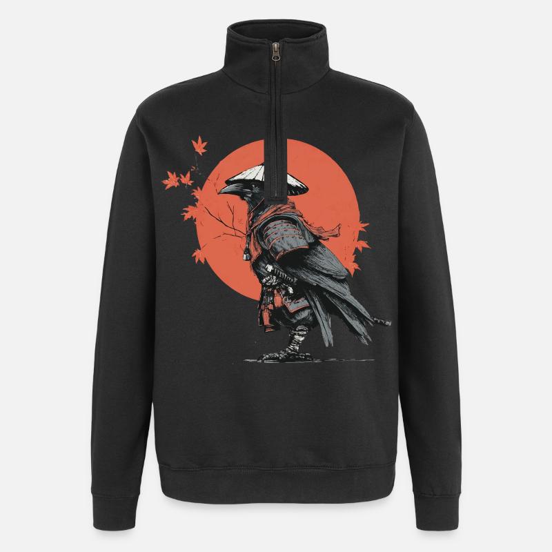 Samurai Crow in Red Moon - Quarter-Zip Sweatshirt - black