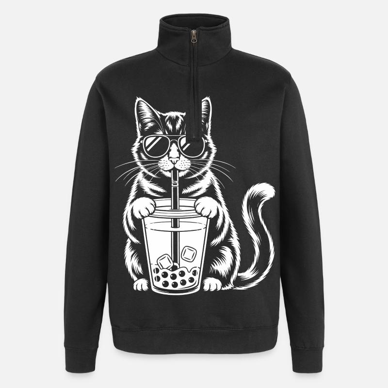 Katze mit Bubble Tee - Quarter-Zip-Sweatshirt - Schwarz
