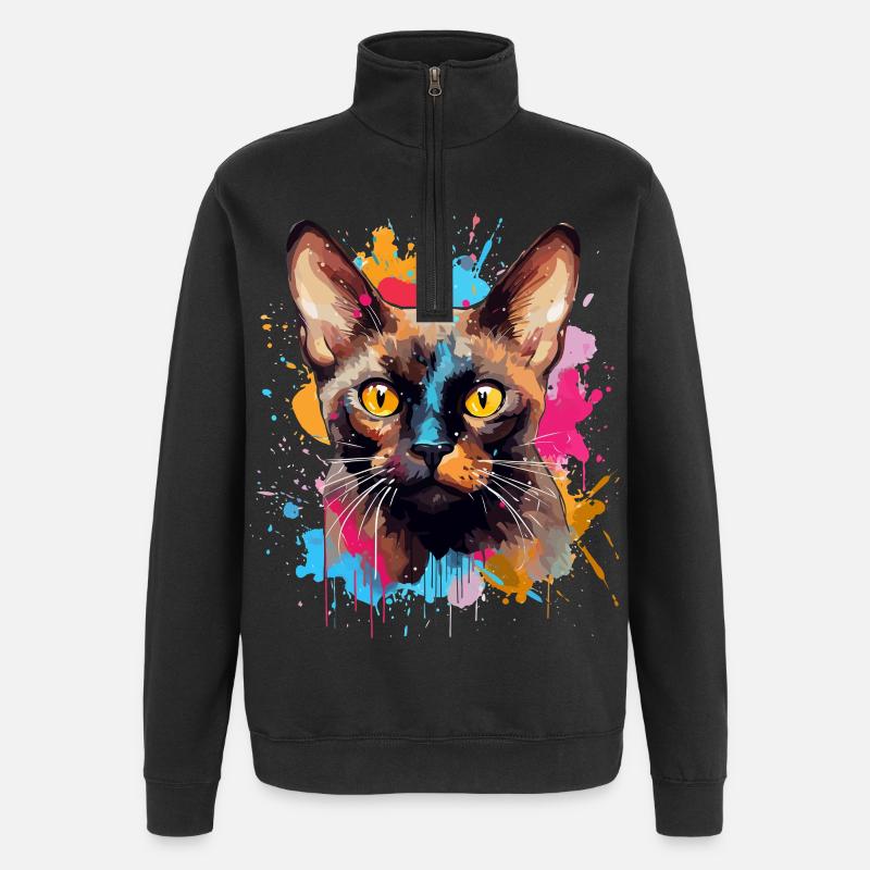 Burmesisches Katzengesicht – bunte Splash-Art - Quarter-Zip-Sweatshirt - Schwarz