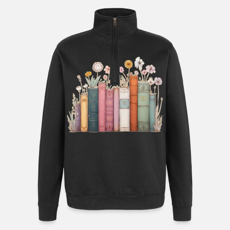 Livres avec des fleurs - Sweat à zip 1/4 - noir