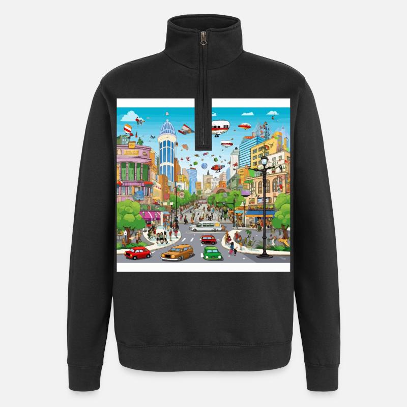 Futuristische Stadtflug-Parade - Quarter-Zip-Sweatshirt - Schwarz