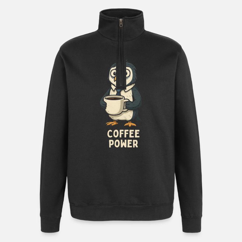 Kaffee-Pinguin im Bürolook - Quarter-Zip-Sweatshirt - Schwarz