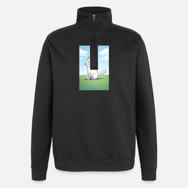 White cat with a cheeky look - Quarter-Zip Sweatshirt - black