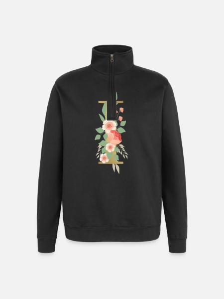 Elegant letter 'I' with flowers - Quarter-Zip Sweatshirt - black
