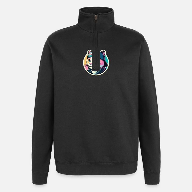 Katze mit Kappe in Pastell - Quarter-Zip-Sweatshirt - Schwarz