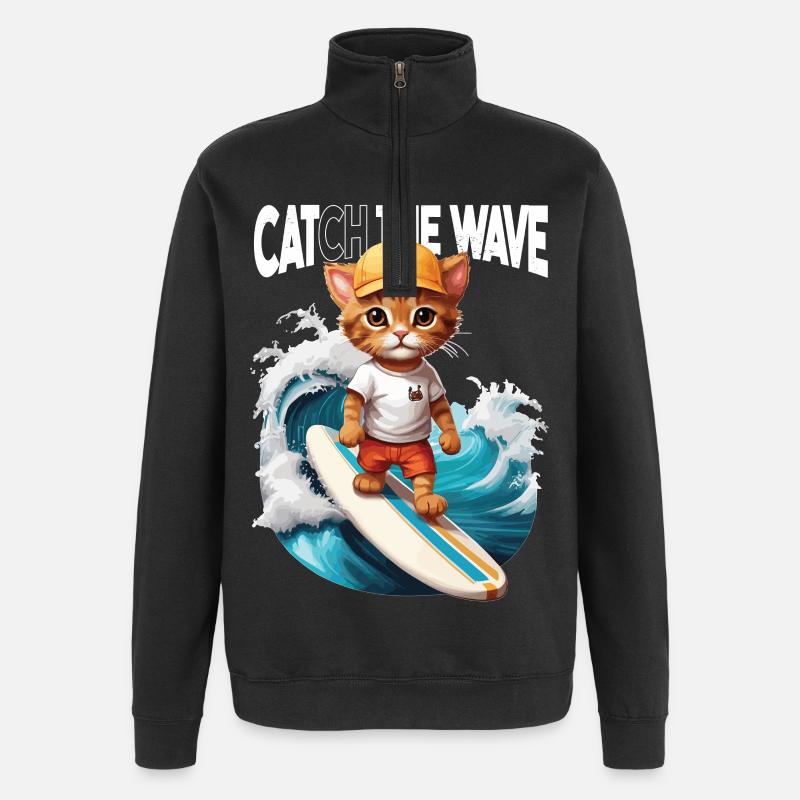 Cat Surfer Catch the Wave - Quarter-Zip Sweatshirt - black