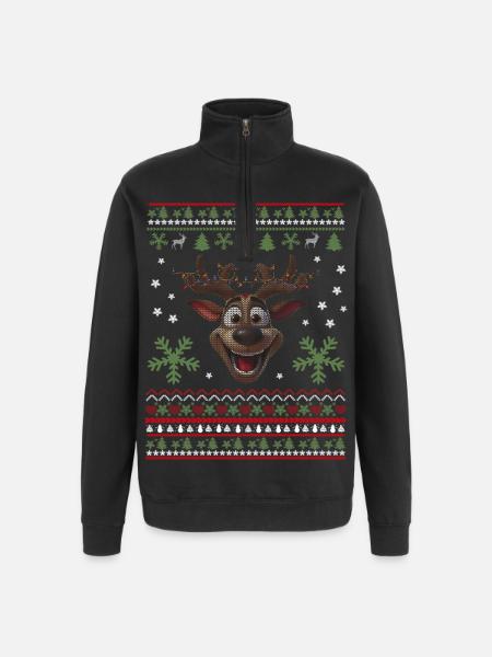Happy reindeer with lights - Quarter-Zip Sweatshirt - black