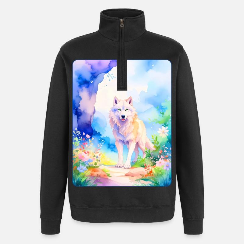 Weißer Wolf umgeben von Blumen - Quarter-Zip-Sweatshirt - Schwarz