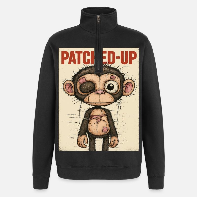 Patchwork Affe: Gepatcht und Tapfer - Quarter-Zip-Sweatshirt - Schwarz