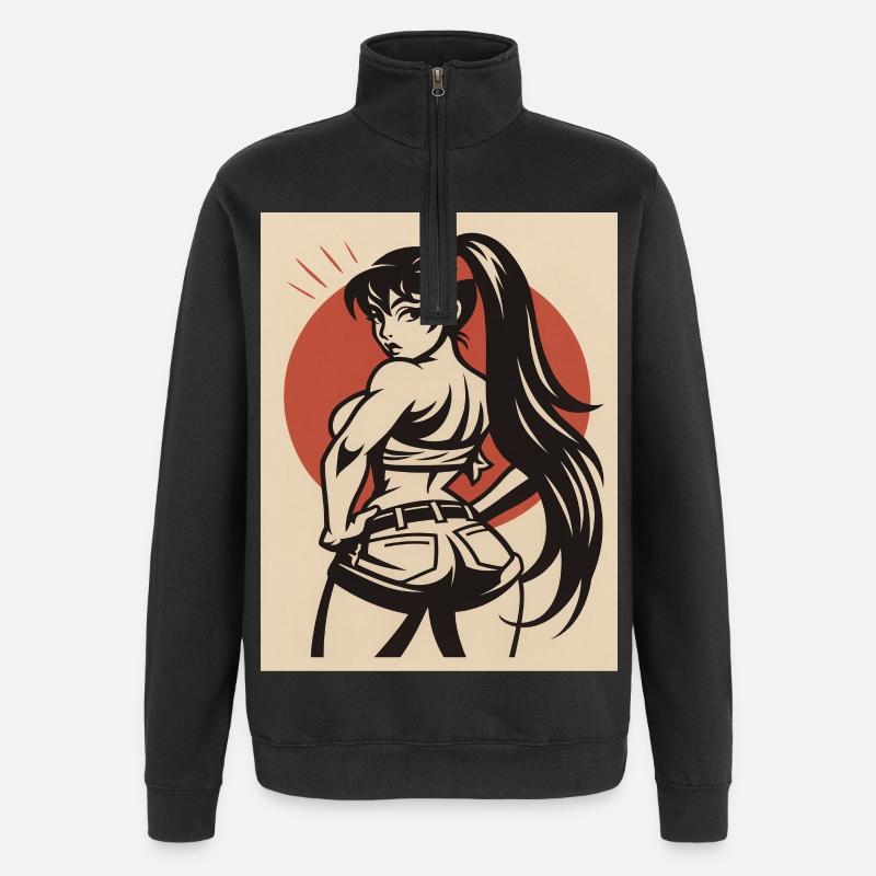 Pinup Cartoon einer Kämpferin - Quarter-Zip-Sweatshirt - Schwarz