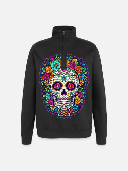 Mexican skull sugar skull flowers - Quarter-Zip Sweatshirt - black