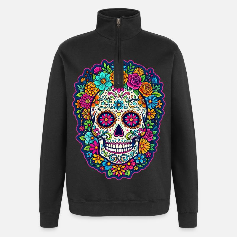 Mexikanischer Schädel, Zucker, Schädelblüten - Quarter-Zip-Sweatshirt - Schwarz