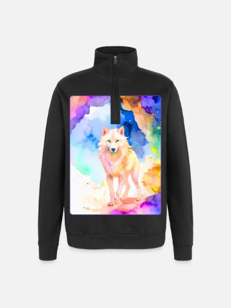 Weißer Wolf vor bunter Höhle - Quarter-Zip-Sweatshirt - Schwarz