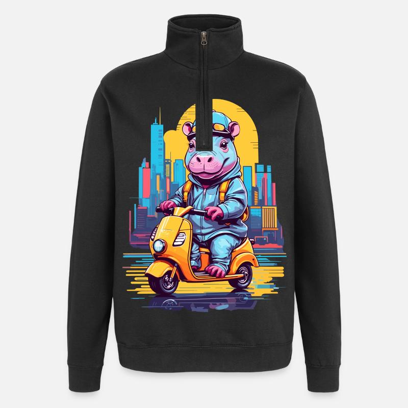 Nilpferd auf Roller - Quarter-Zip-Sweatshirt - Schwarz