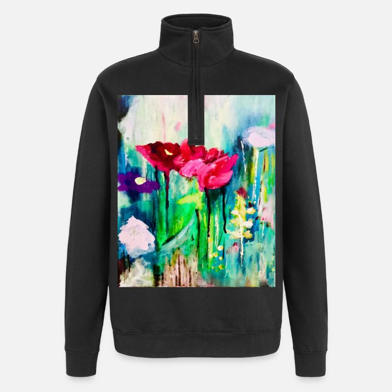 Aquarellblumen im Farbmeer - Quarter-Zip-Sweatshirt - Schwarz