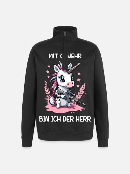Einhorn mit Jagdgewehr - Quarter-Zip-Sweatshirt - Schwarz