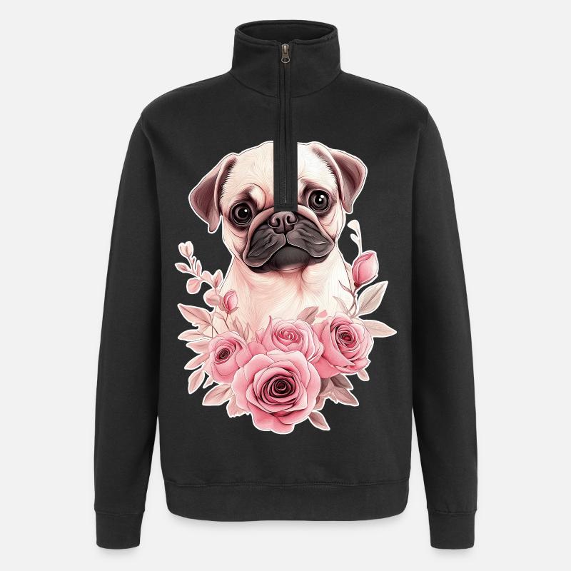 Pug with flowers - Quarter-Zip Sweatshirt - black