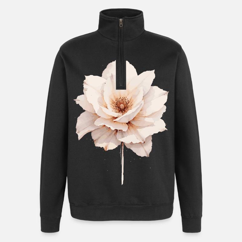 Élégante Fleur Aquarelle - Rose - Sweat à zip 1/4 - noir